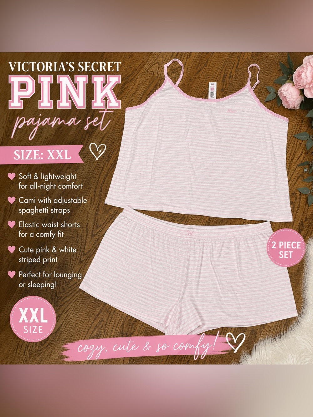 Victoria’s Secret PINK Pajama Set XXL Pink Stripe Cami & Shorts - Picture 1 of 5